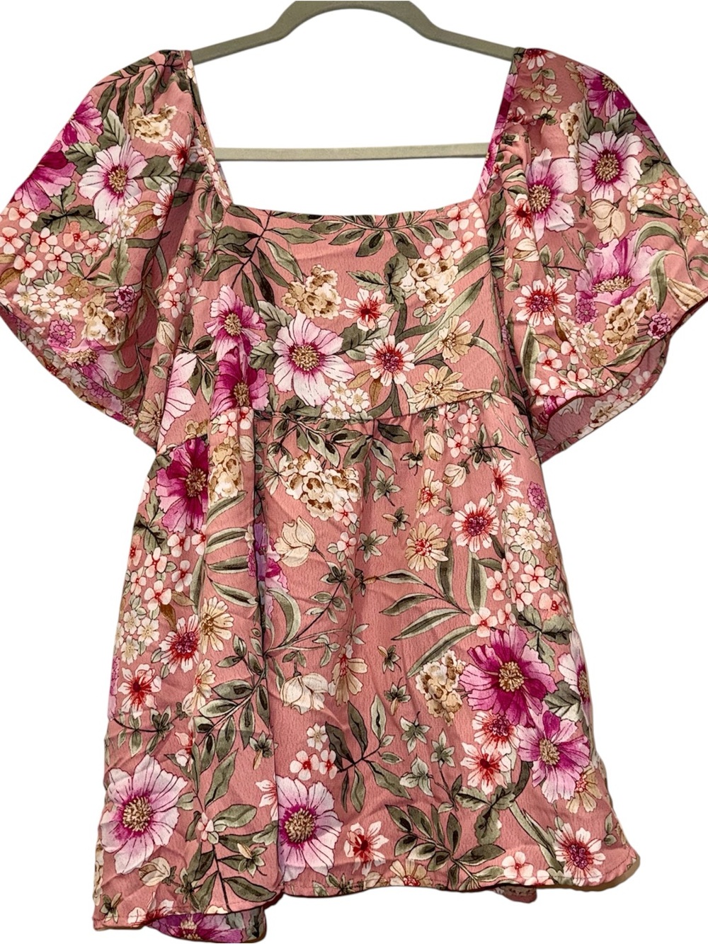 Mauve, Pink, Tan, Sage Floral Babydoll Flutter Sleeve Square Neckline Top 🌸 🌼